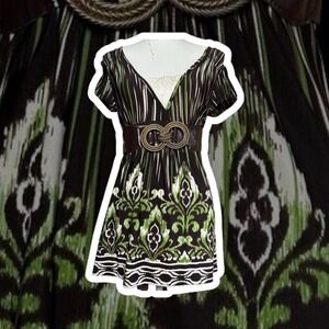 Y2K Babydoll Lace Brown Green Stripe Boho Empire Waist Tunic Top Belted Shirt M